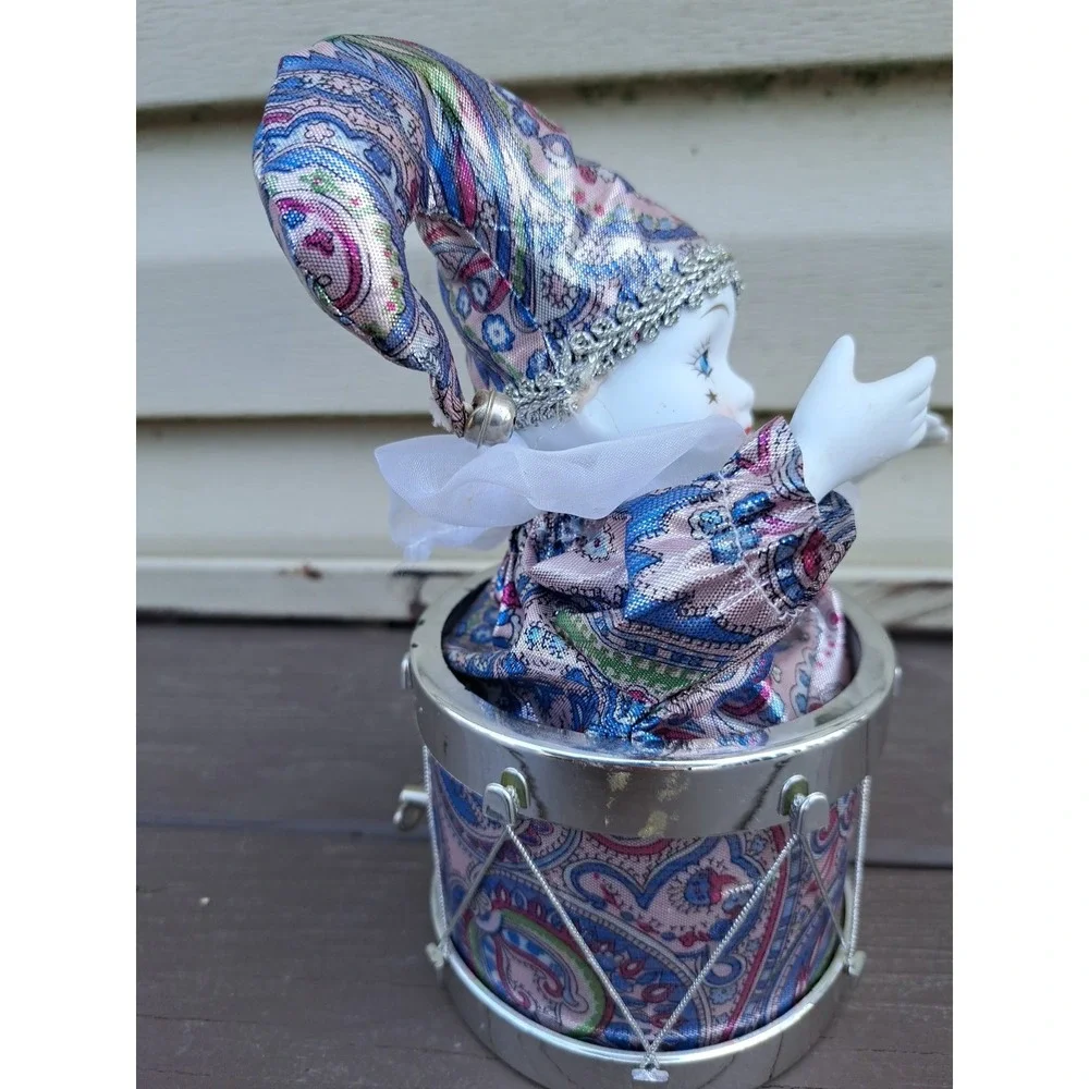 Vintage Musical Animated Jester Clown Doll  Box Porcelain Head Hands